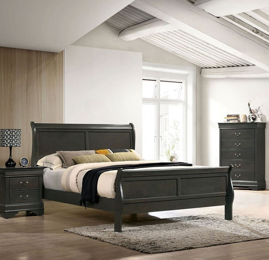 Classic Contemporary California King Size Bed Gray Louis Phillipe Solidwood 1pc Bed Bedroom Sleigh Bed