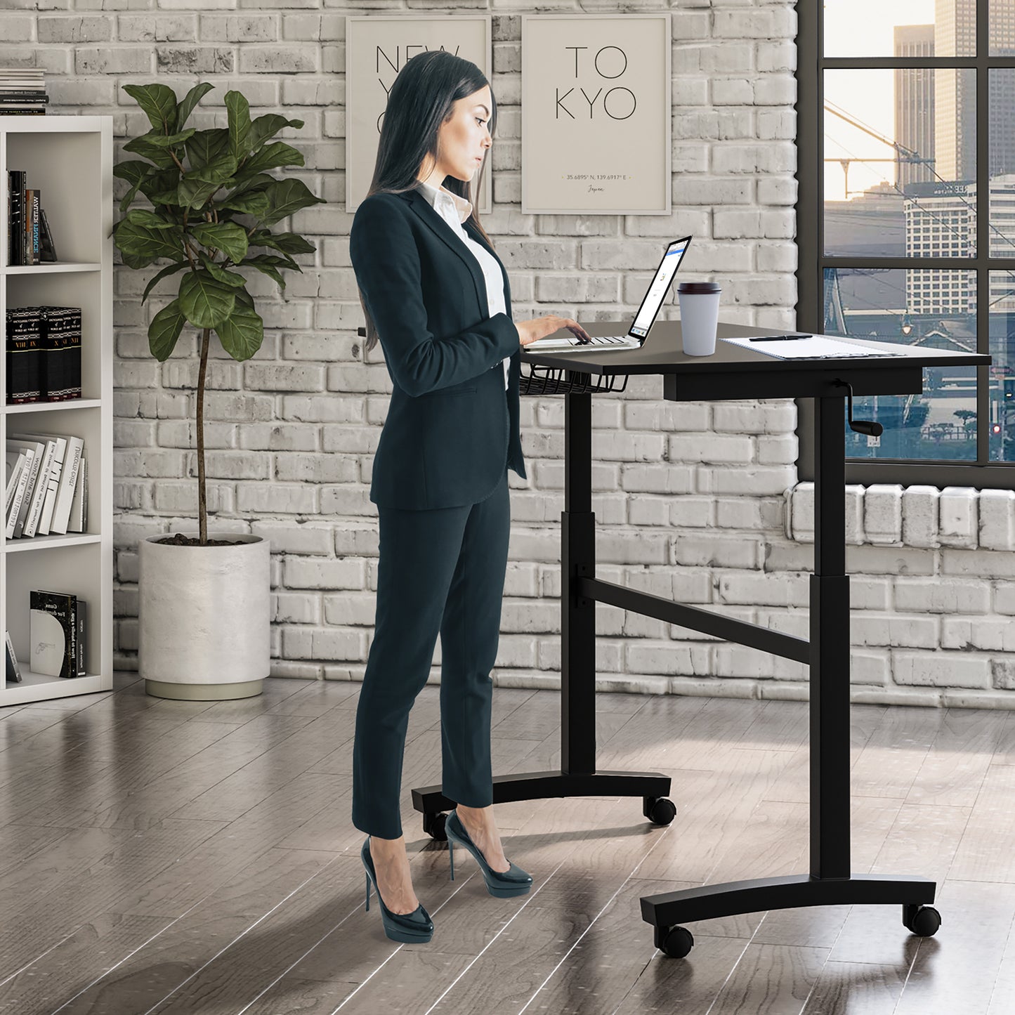 Atlantic Height-Adjustable Stand-Up Desk with Casters - Black (Side Crank Included)