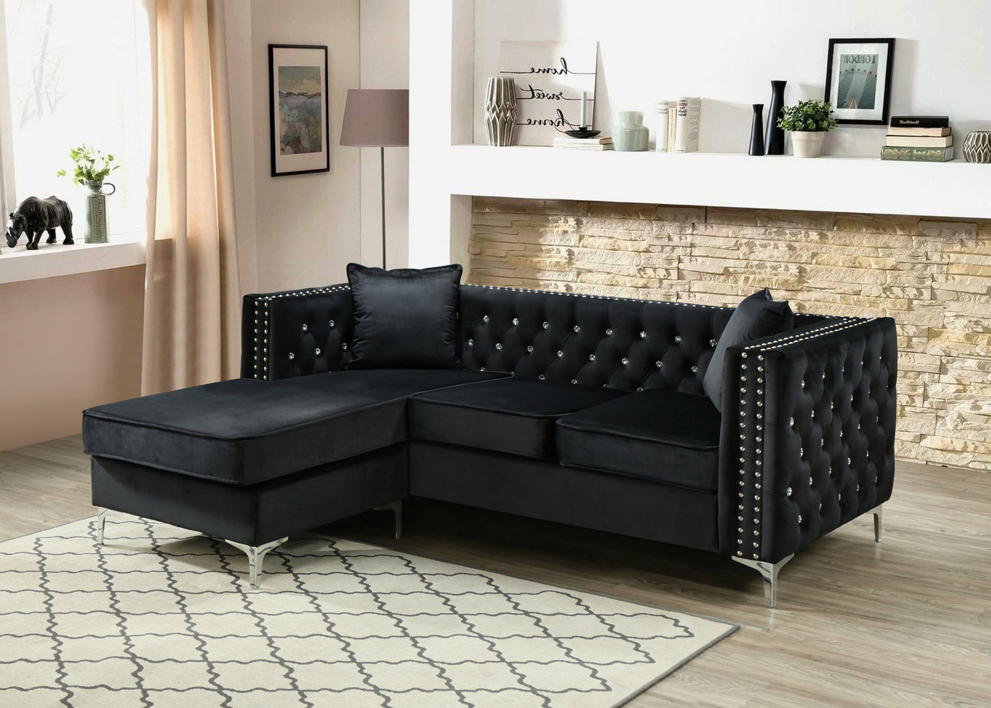 Black Velvet Sofa Chaise with Chrome Legs and Faux Jewel Tufting