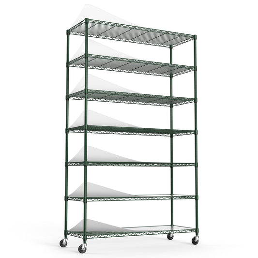 7 Tier Wire Shelving Unit, 2450 LBS NSF Height Adjustable Metal Garage Storage Shelves with Wheels, Heavy Duty Storage Wire Rack Metal Shelves - Green