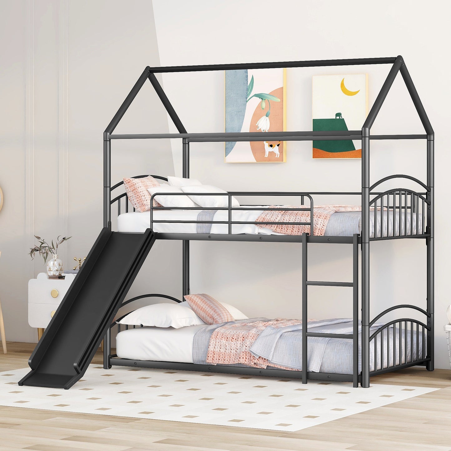 Kids Playhouse Slide Bunk Bed with Removable Roof