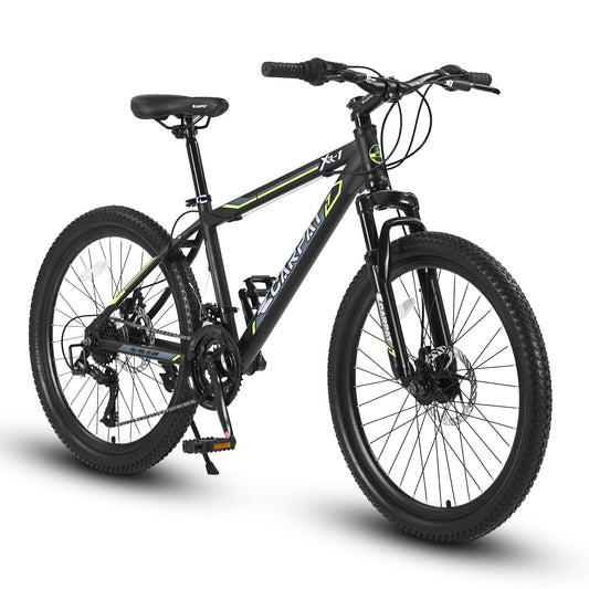 S24102   24 Inch Mountain Bike Boys Girls, Steel  Frame, Shimano 21 Speed Mountain Bicycle with Daul Disc Brakes and Front Suspension MTB