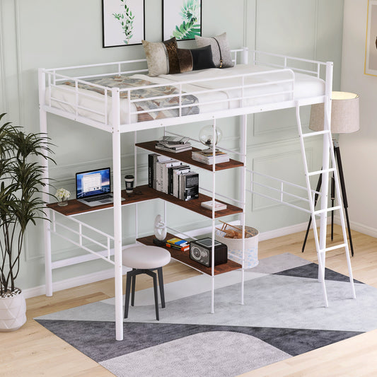 Twin Size Metal Loft Bed and Built-in Desk and Shelves,White(OLD SKU:WF280270AAK)