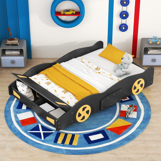 Full Size Race Car-Shaped Platform Bed with Wheels and Storage, Black+Yellow