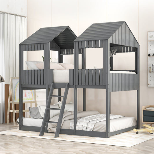 Wooden Playhouse-Styled Full Over Full Bunk Bed with Gray Roof and Window