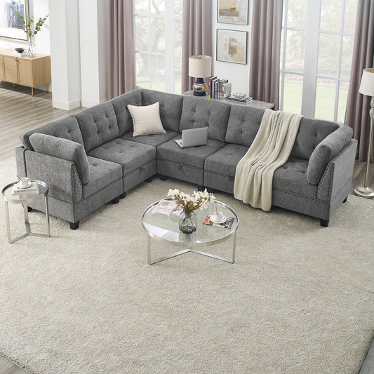 Modular Sectional Sofa Set with Storage Ottoman in Grey Chenille