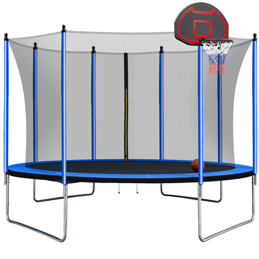 10FT  Trampoline with Basketball Hoop Inflator and Ladder(Inner Safety Enclosure) Blue