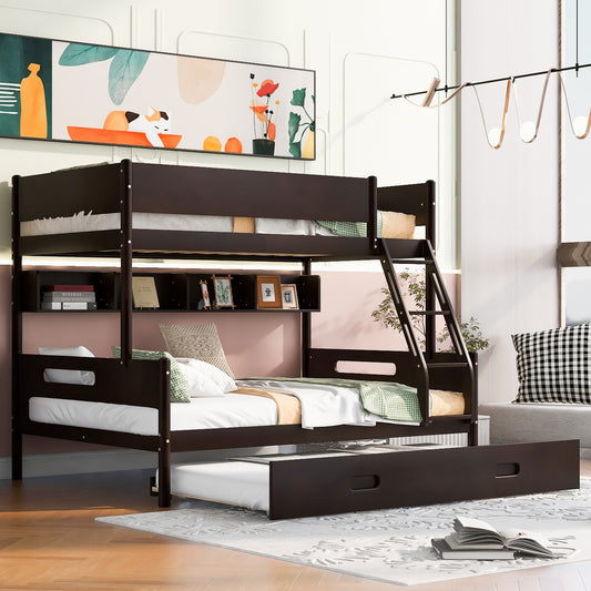 Espresso Wood Bunk Bed with Twin Over Full, Storage Shelves, Trundle, and Sturdy Construction