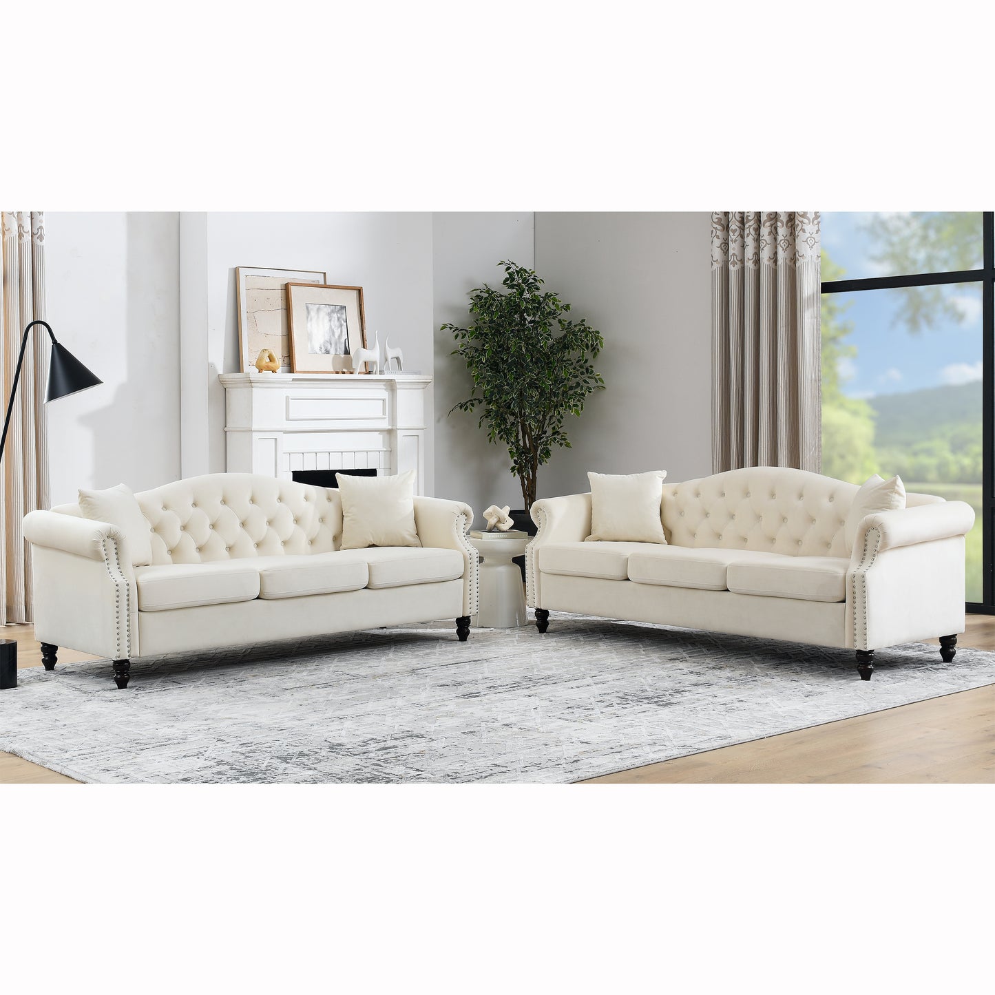 3-Seater Beige Velvet Chesterfield Sofa Set with Nailhead Trim and Low Back