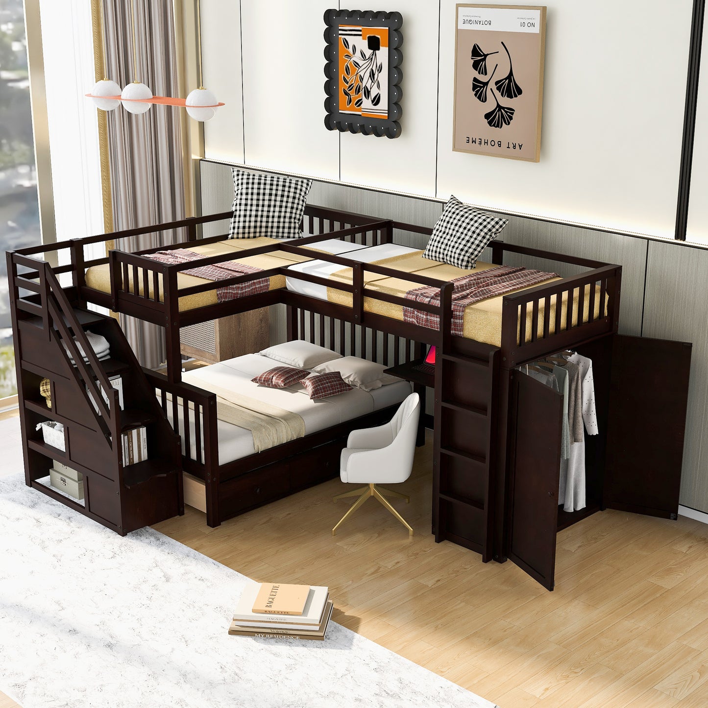 Espresso L-Shaped Bunk Bed with Storage Drawers, Desk, Wardrobe and Maximized Space