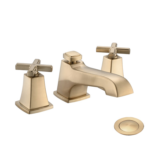 Sophisticated Two-Handle Brushed Gold Bathroom Faucet with Drain Assembly