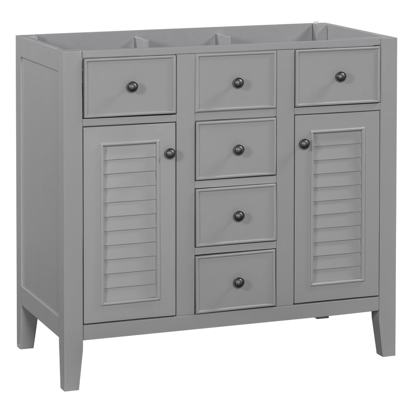 36" Bathroom Vanity without Sink, Cabinet Base Only, Two Cabinets and Five Drawers, Solid Wood Frame, Grey