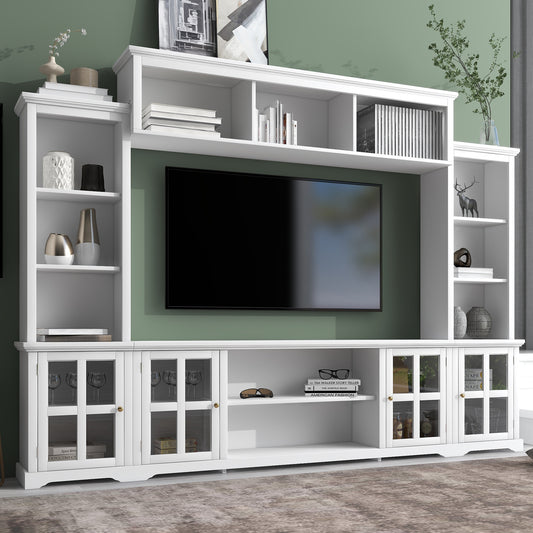 Modern White Entertainment Wall Unit with Bridge and Tempered Glass Door for TVs Up to 70