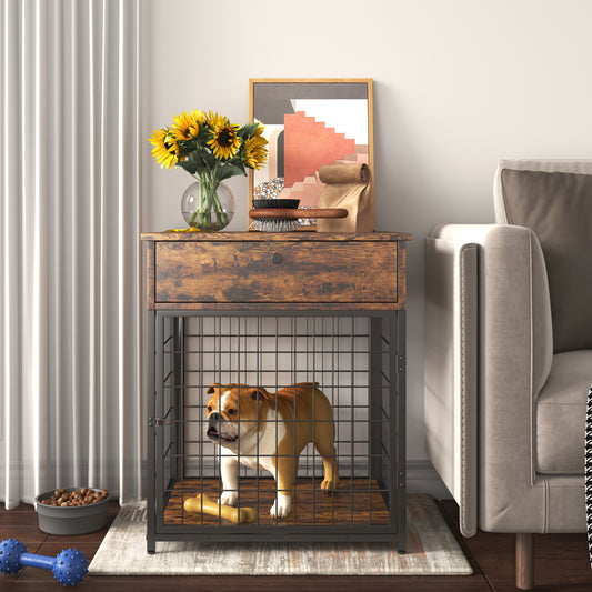 Furniture Style Wood Dog Crate End Table with Storage Console. Rustic Brown,19.69'' W x 22.83'' D x 26.97'' H.