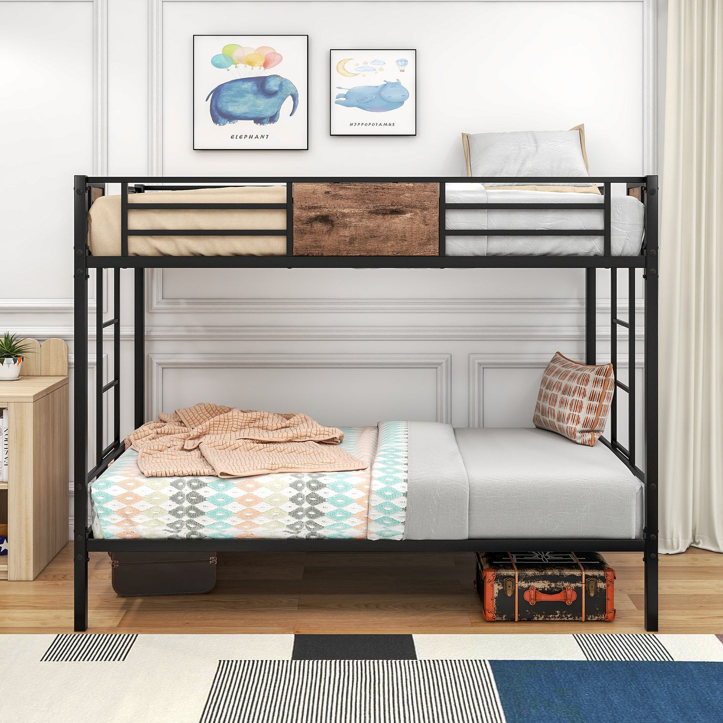 Metal Twin Over Twin Bunk Bed with Ladder, Guardrail, and Storage Space