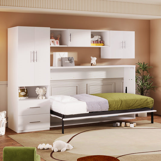 Twin Size Murphy Bed with Open Shelves and Storage Drawers,Built-in Wardrobe and Table, White