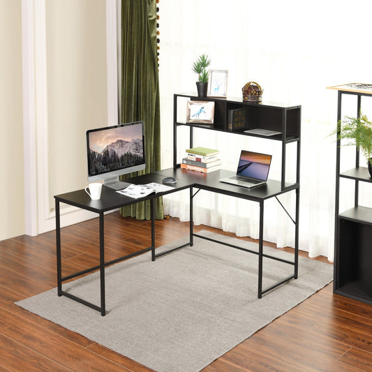 Spacious Industrial L-Shaped Desk with Hutch and Storage Shelves for Gaming