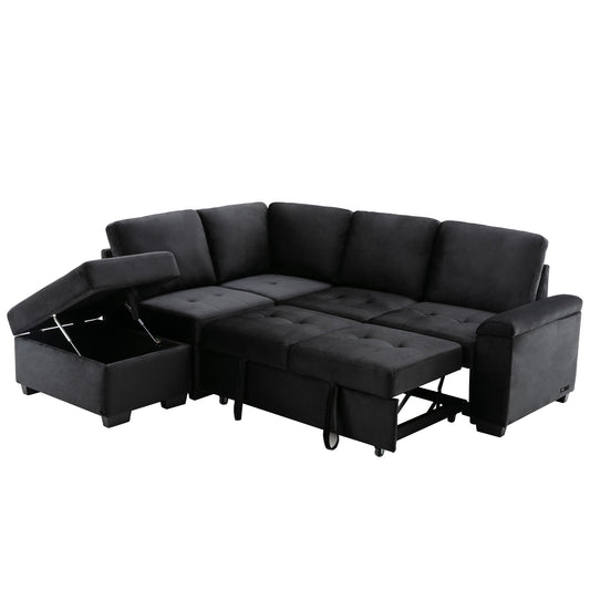 L-Shaped Sleeper Sectional Sofa with Storage Ottoman, USB Charge, and Hidden Arm Storage in Black Velvet