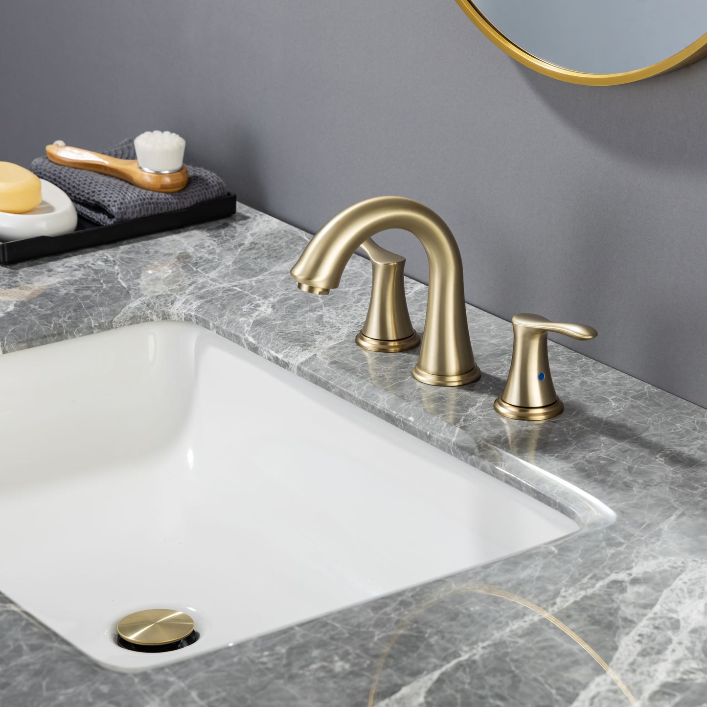 Modern Brushed Gold Widespread Bathroom Faucet Complete With Drain Assembly