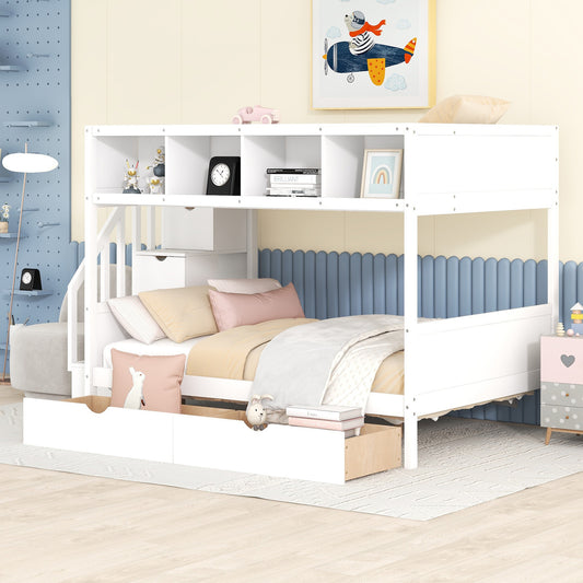 Versatile White Bunk Bed with Shelves, Storage Staircase, and Drawers