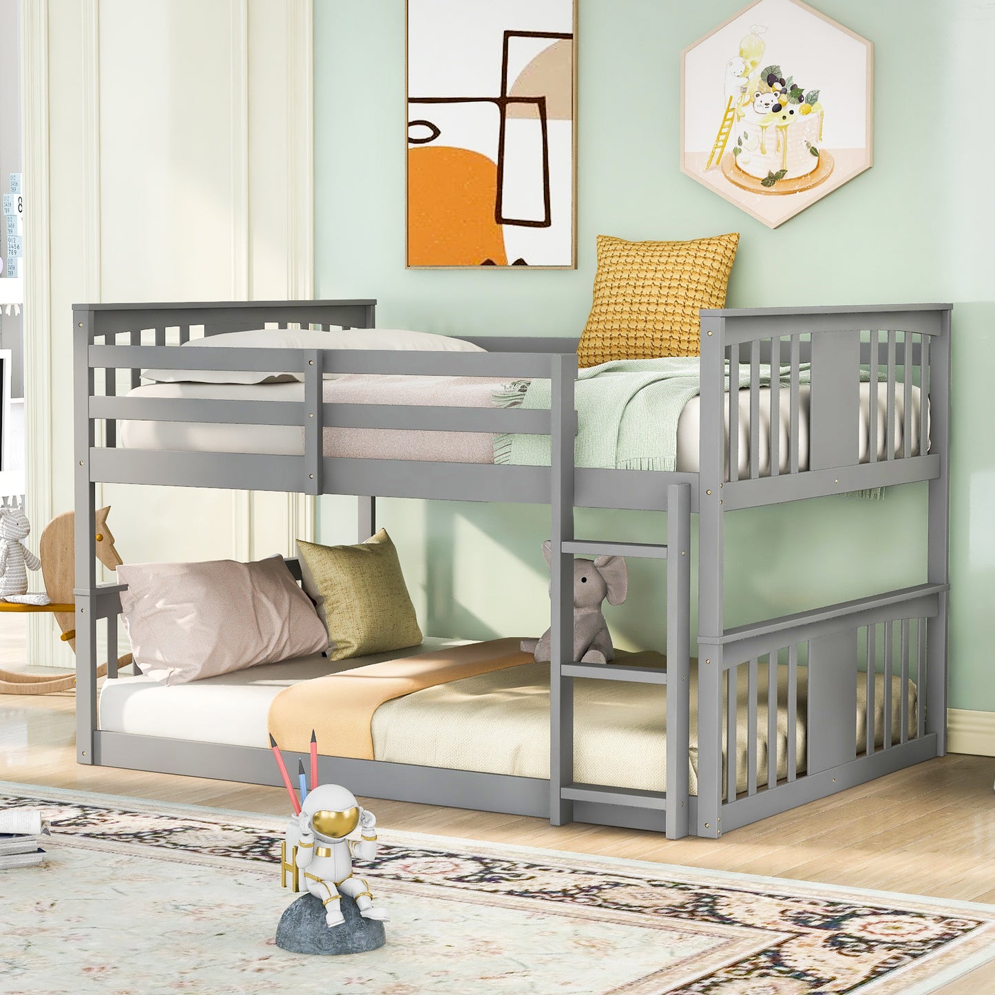 Gray Bunk Bed with Full Over Full Design and Ladder