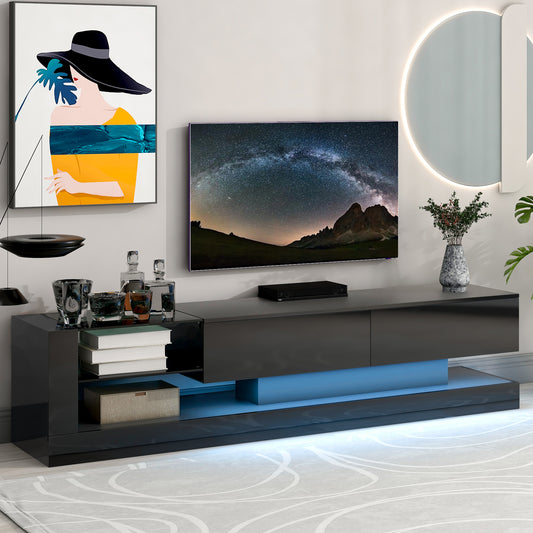 Sleek Black TV Stand with Multi-Colored RGB LED Lighting and Spacious Storage