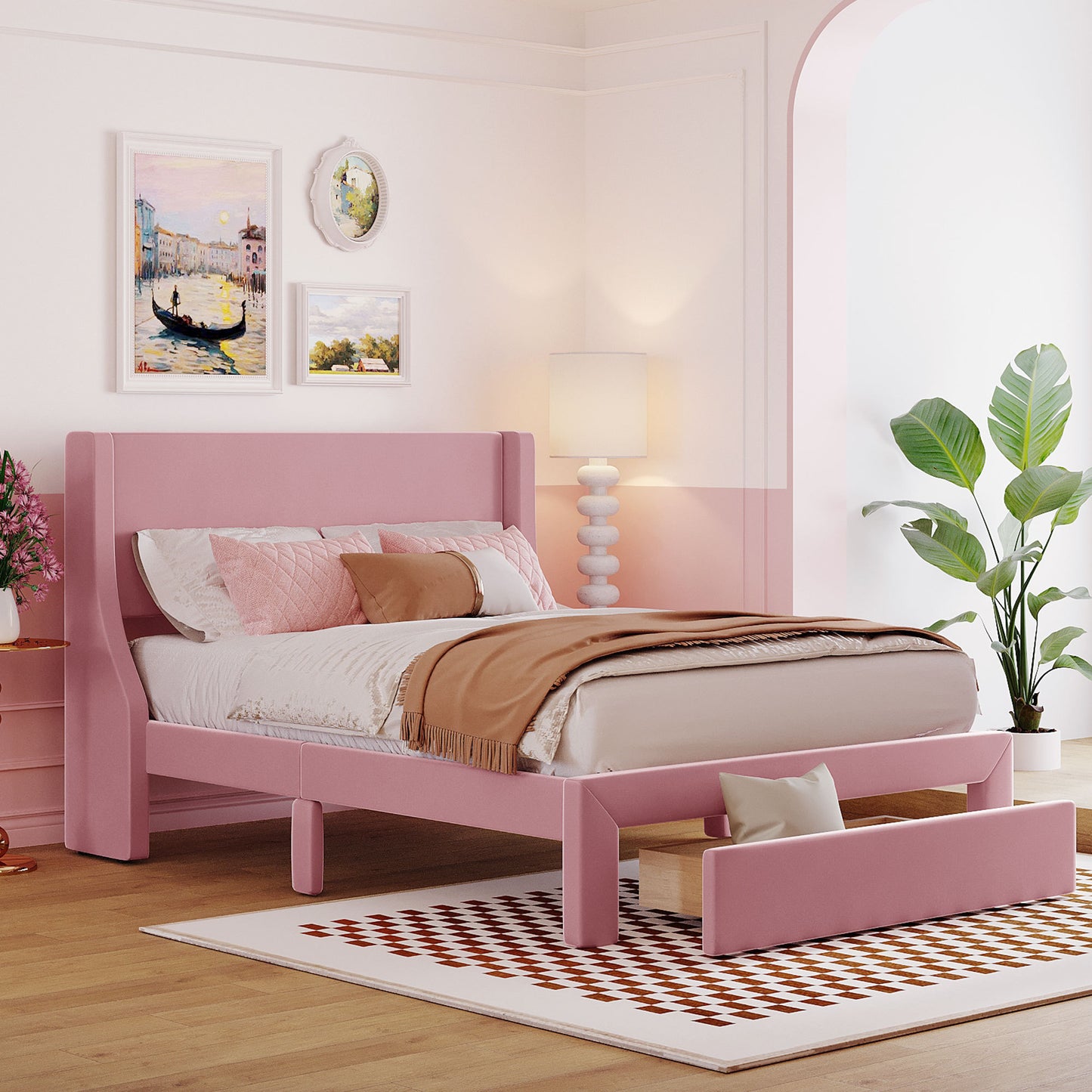 Full Size Storage Bed Velvet Upholstered Platform Bed with a Big Drawer - Pink