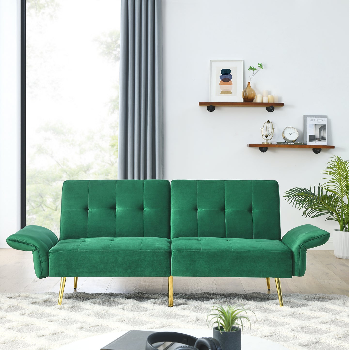 Luxurious Italian Velvet Sofa Bed with Armrest Storage, Green 280g Velvet