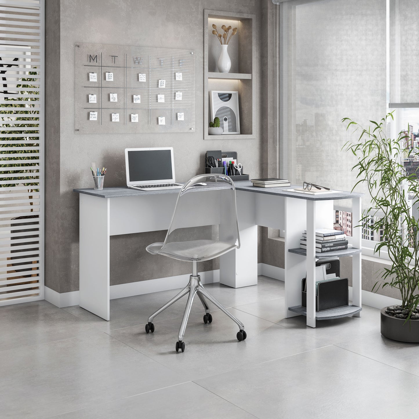 Grey L-Shaped Desk with Convenient Side Shelves