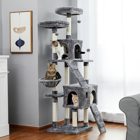 Cat Tree 69 Inches Cat Tower with 2 Condos and 2 Perches, Kitty Climber Tower Furniture, Upgraded Version Grey