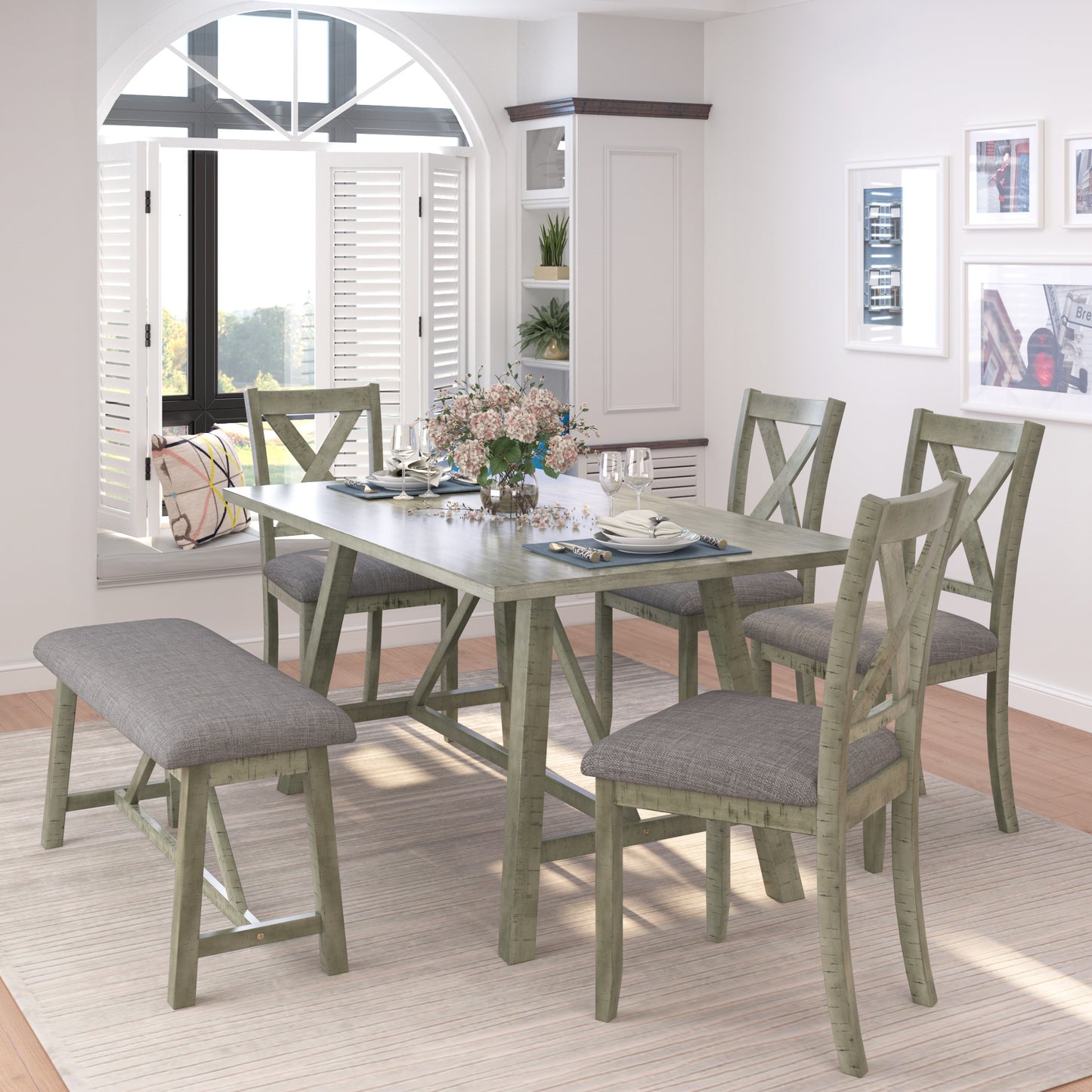 6 Piece Dining Table Set Wood Dining Table and chair Kitchen Table Set with Table, Bench and 4 Chairs, Rustic Style, Gray(No Difference with SH000109AAE)