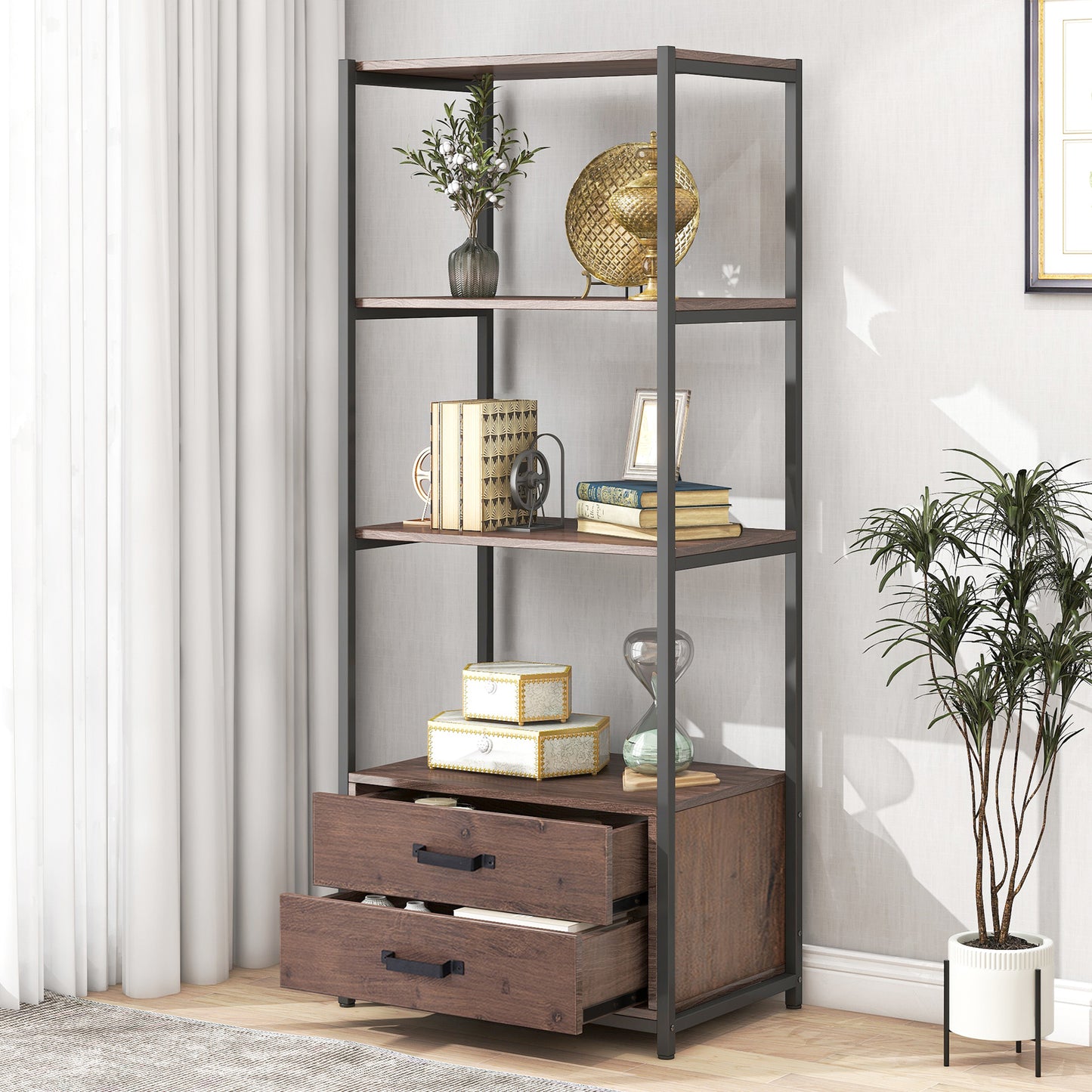 Home Office 4-Tier Bookshelf, Simple Industrial Bookcase Standing Shelf Unit Storage Organizer with 4 Open Storage Shelves and Two Drawers, Brown