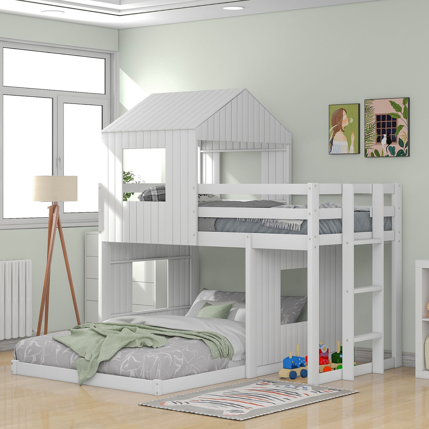 Whimsical Farmhouse Twin Over Full Bunk Bed with Playhouse in White