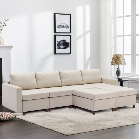 Sectional Sofa with 4 Seats and 2 Ottomans, Cream Linen Upholstery