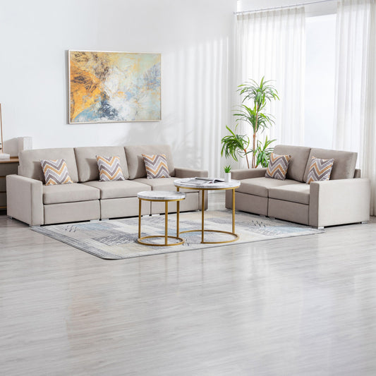 Nolan Beige Linen Fabric Sofa and Loveseat Living Room Set with Pillows and Interchangeable Legs