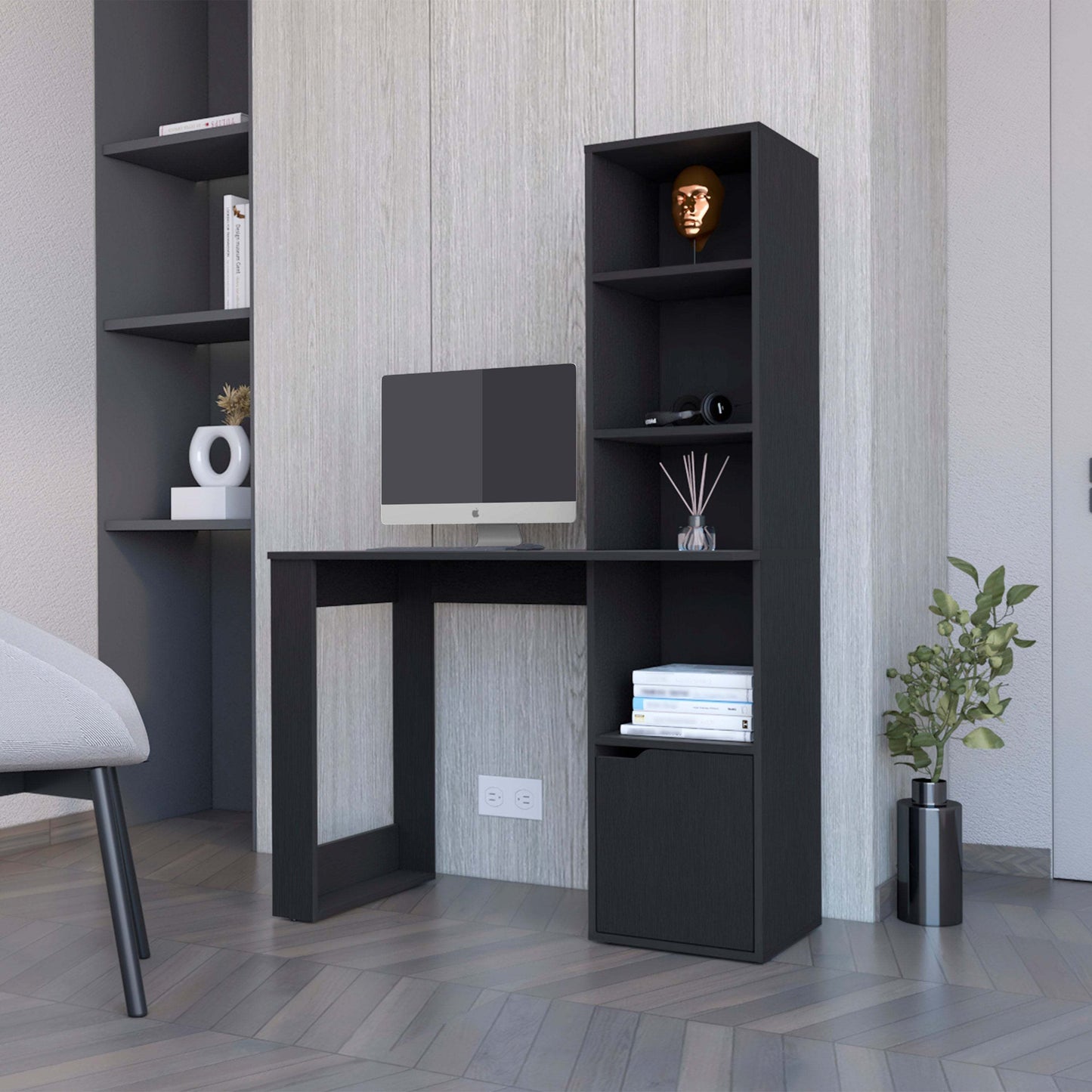 Modern Black Computer Desk with 4-Tier Bookcase and Cabinet