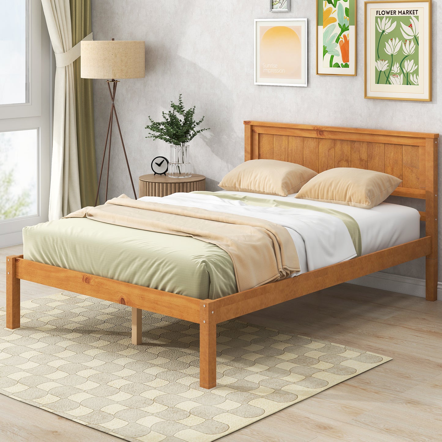 Platform Bed Frame with Headboard, Wood Slat Support, No Box Spring Needed, Full, Oak