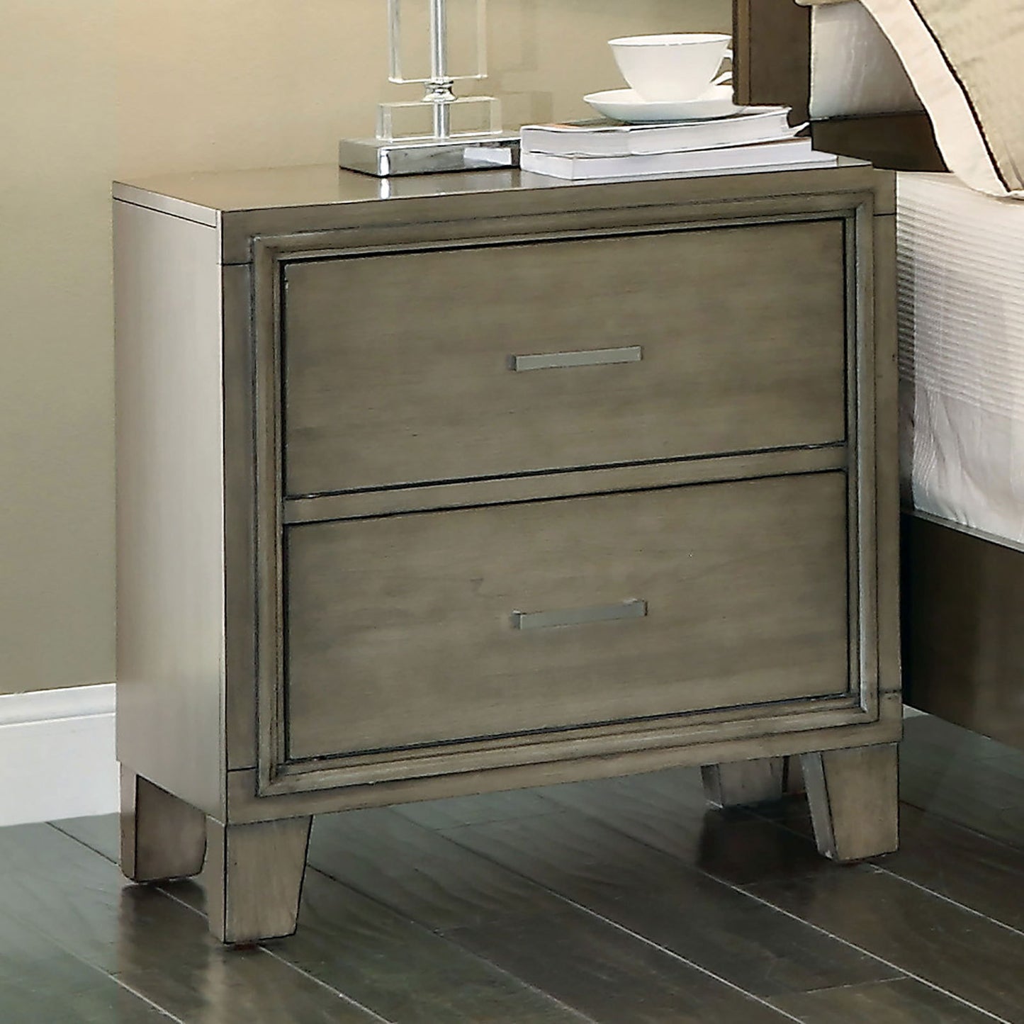 Simple Casual 1pc Nightstand Gray Color Solid wood Bedroom Furniture Contemporary Look Nightstand Nickel Bar Pull