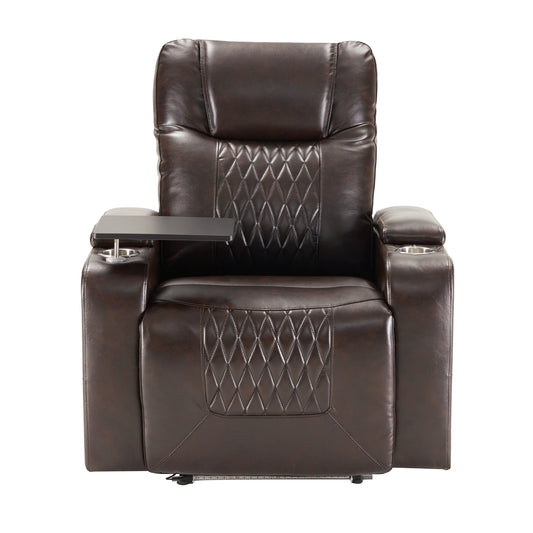 Luxurious Brown Power Motion Recliner with USB Charging Port and Swivel Tray Table