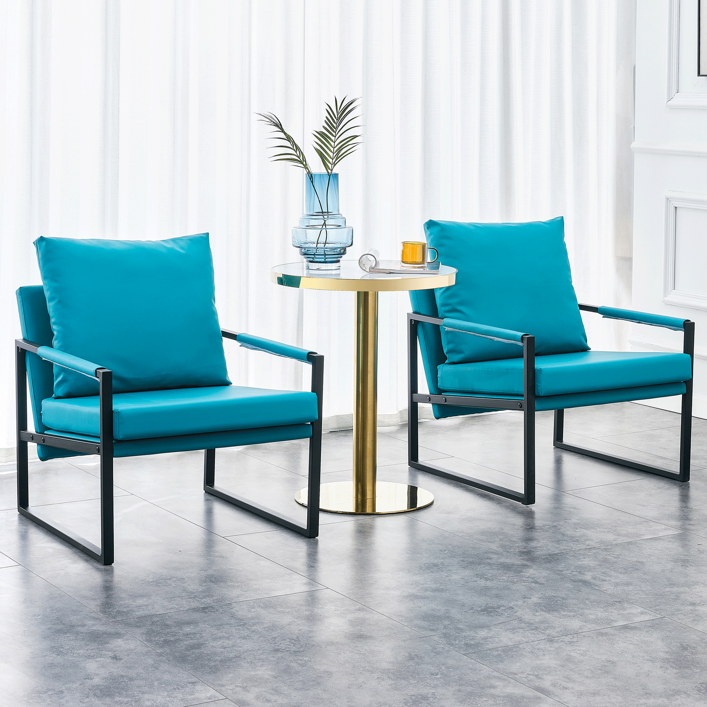 Cyan PU Leather 2-Piece Set of Modern Sofa Chairs with Metal Frame