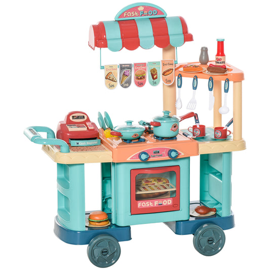 Qaba Kids Kitchen Food Stand Playset with Cashier Register and Play Food Set, Ages 3-6