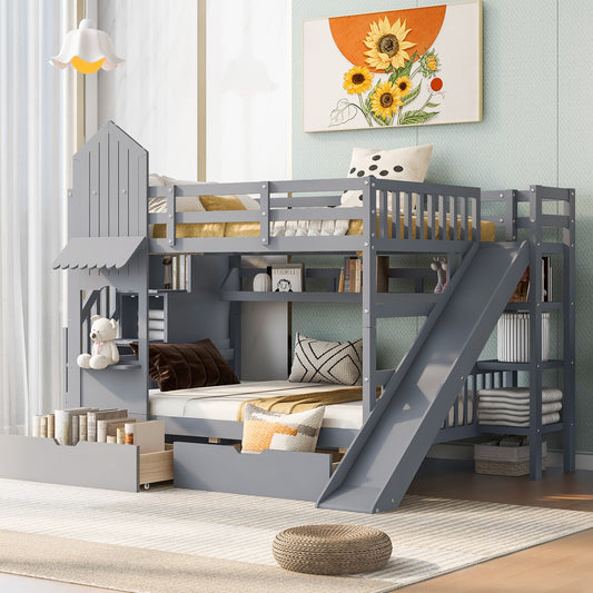 Castle Loft Bunk Bed with Slide, Drawers, and Shelves - Gray: Magical Castle Style Loft Bed with Slide, Drawers, and Shelves