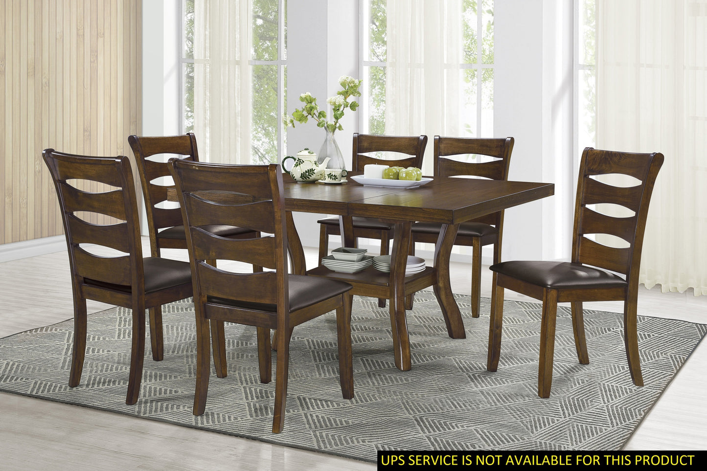 Transitional Dining Room Furniture 7pc Dining Set Table w Self-Storing Leaf and 6x Side Chairs Brown Finish Wooden Furniture