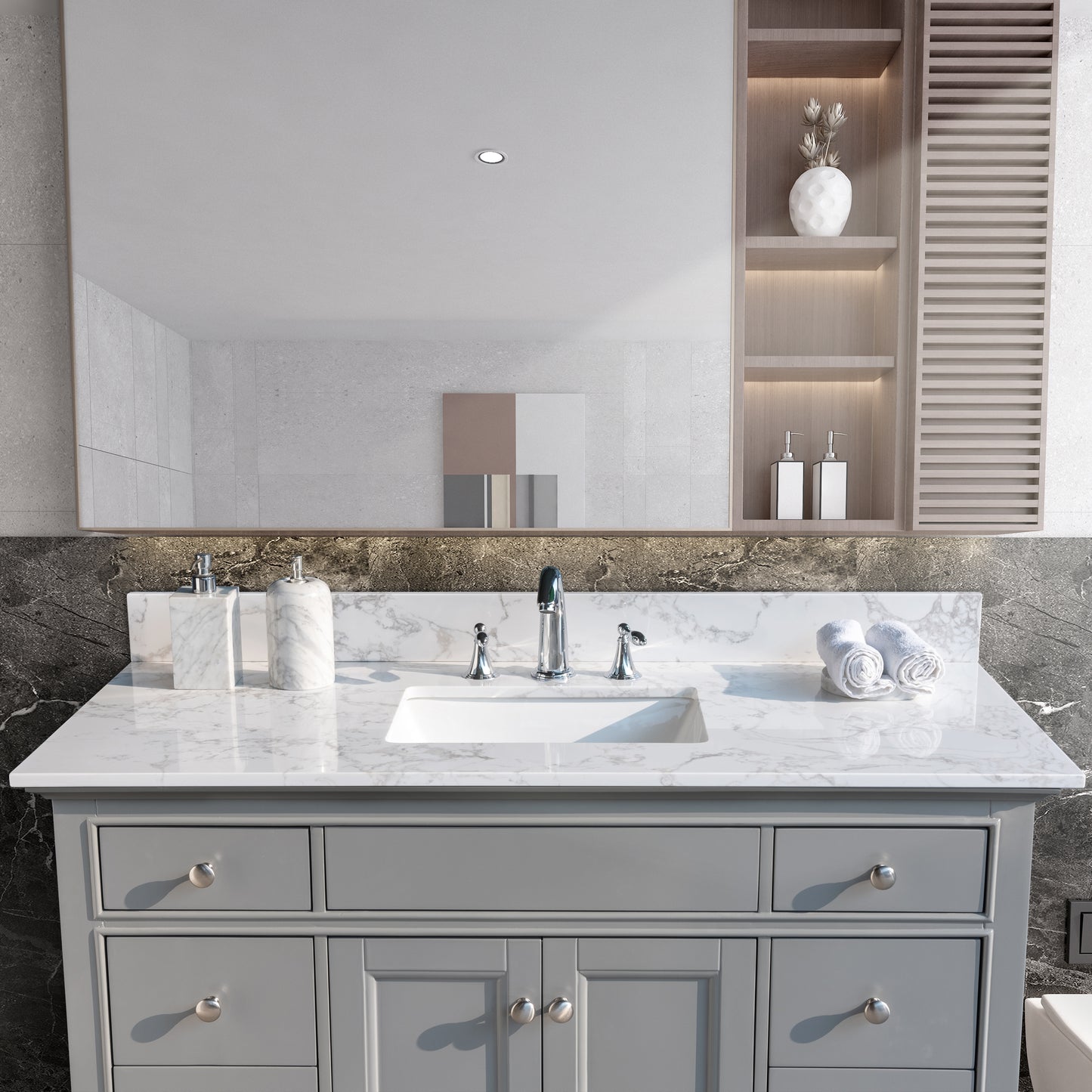 Montary 49x22inch  bathroom stone vanity top  engineered stone carrara white marble color with rectangle undermount ceramic sink and 3 faucet hole with back splash .