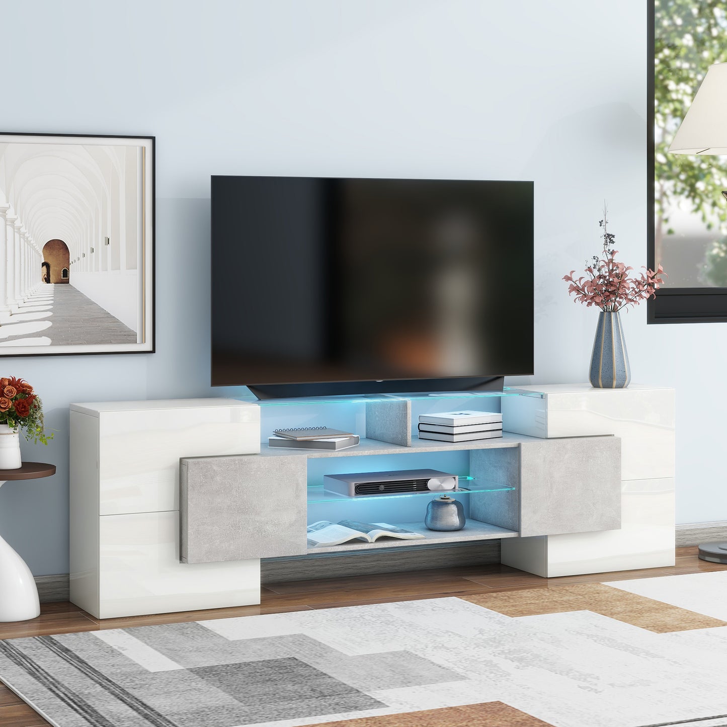 Elegant Grey TV Stand with LED Lights and Glass Shelves for TVs Up to 80 Inches