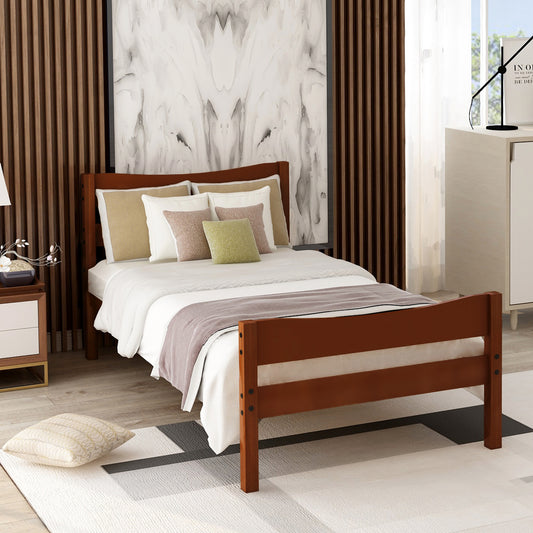 Twin Size  Wood Platform Bed with Headboard and Wooden Slat Support (Walnut)