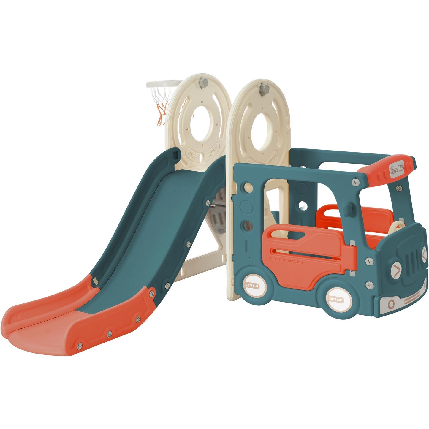 Children's Freestanding Bus Slide and Play Structure with Basketball Hoop