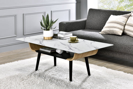 Modern White Marble Texture Glass Coffee Table with Bent Wood Design