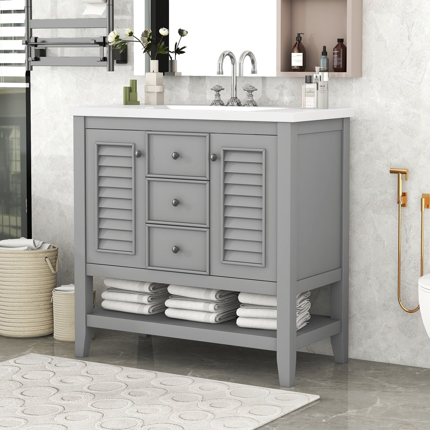 36" Bathroom Vanity with Ceramic Basin, Two Cabinets and Drawers, Open Shelf, Solid Wood Frame, Grey