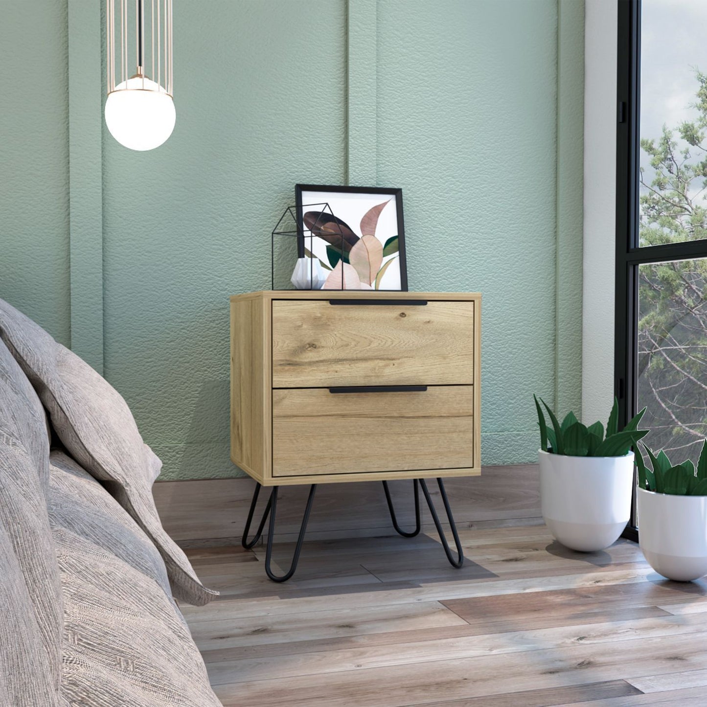 Augusta 2 Nightstand, Four Legs, Two Drawers -Light Oak